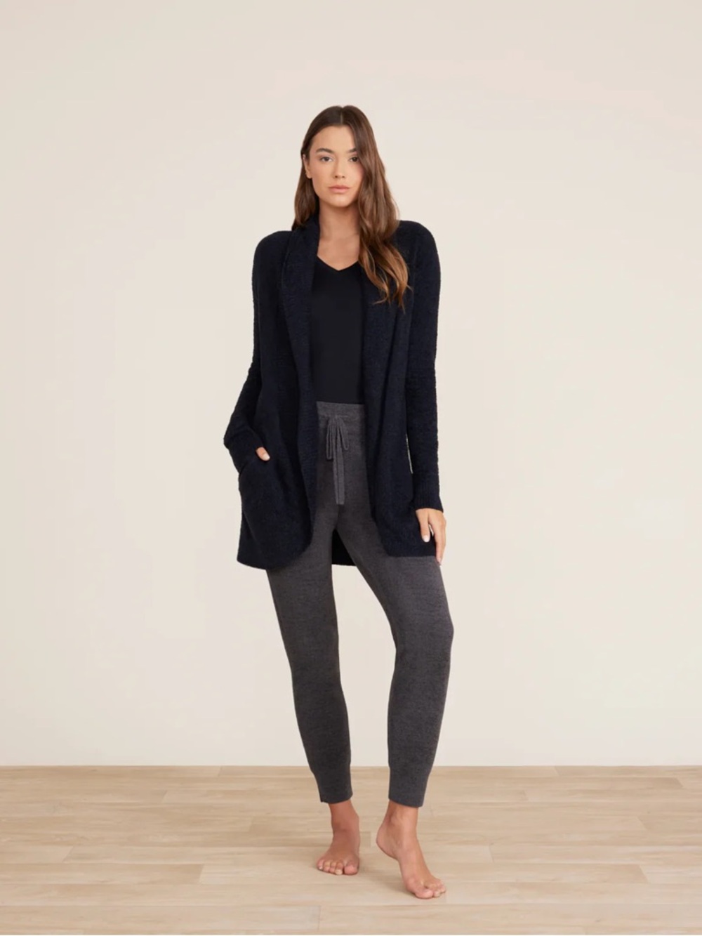 Barefoot Dreams Black Open-Front Shawl Cardigan Cozy Chic Lite Circle